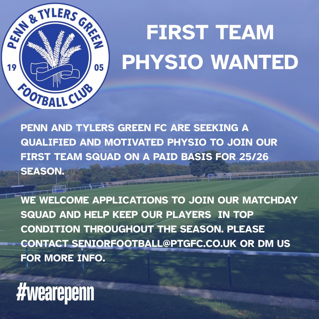 🚨PHYSIO WANTED🚨
Please contact seniorfootball@ptgfc.co.uk or DM us for more info.