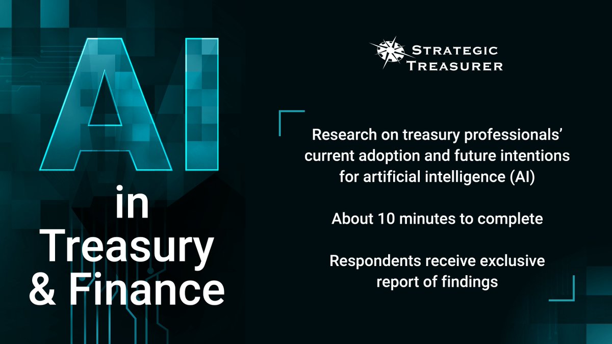 AI is evolving fast – so is its role in Treasury and Finance!
Take our 2025 AI in Treasury Survey to share how your organization uses (or plans to use) Generative AI and Agentic AI. Survey respondents are sent a comprehensive report of the key findings. 
➡️strategictreasurer.qualtrics.com/jfe/form/SV_6i…