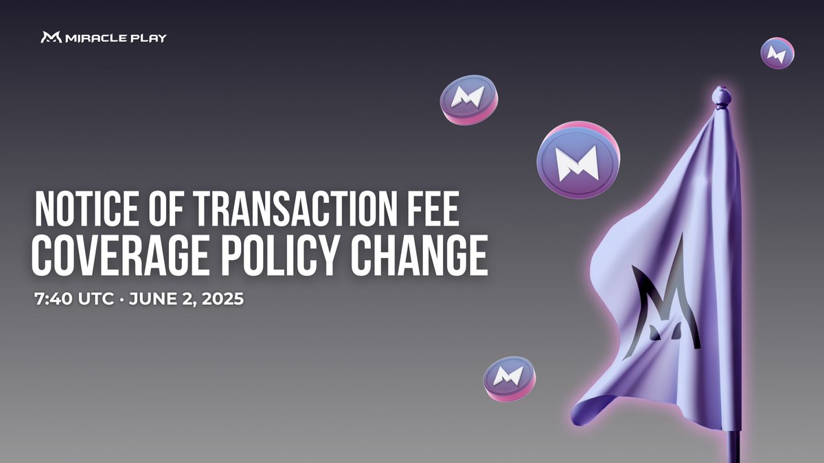 miracleplaygg's tweet photo. Notice of Transaction Fee Coverage Policy Change

Dear Miracle Play Users,

Since the launch of our beta service nearly two years ago, Miracle Play has covered all transaction fees incurred on the platform to ensure a smooth and seamless user experience.

However, to promote a more sustainable MPT ecosystem, we would like to inform you that the fee coverage service will be discontinued starting today. Going forward, users will be responsible for covering their own transaction fees.

Key activities subject to transaction fees include:
- Tournament-related activities (excluding entry and cancellation)
- Challenge Tab usage
- Token transfers and staking
- dNFT minting

** Please note that all MPT used for transaction fees will be burned.

Miracle Play will continue to cover the transaction fees for tournament entry and cancellation, as before.

We sincerely appreciate your continued support and thank you for being part of the Miracle Play community.

— Miracle Play Team