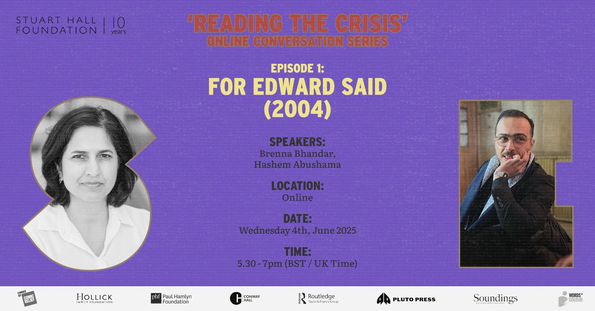 Join academics and authors Brenna Bhandar and Hashem Abushama for an online discussion on contemporary discourse of Israel-Palestine and Stuart Hall's address 'For Edward Said' (2004).

📆 Wed 4 June
🕠 5.30pm - 7pm (UK)
📍 Online

Learn more and register:
stuarthallfoundation.org/events/reading…