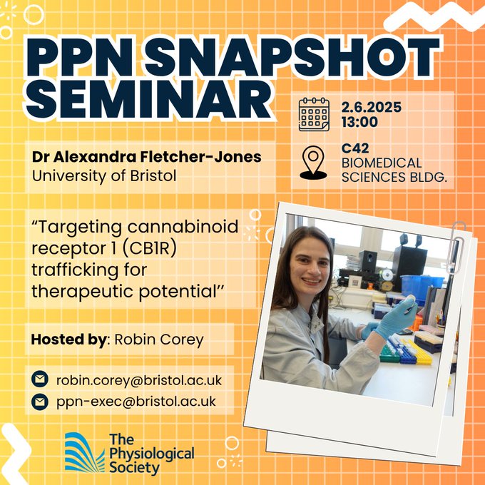 ⚠️Join us today at 1PM in C42 of BSB for Dr Alexandra Fletcher-Jones's Snapshot Seminar📷
<a href="/RobinCorey1/">Robin Corey @robincorey.bsky.social</a>

Snapshot seminars are generously sponsored by The Physiological Society (<a href="/ThePhySoc/">The Physiological Society</a>)  
#UoBPPN #PPNSnaps