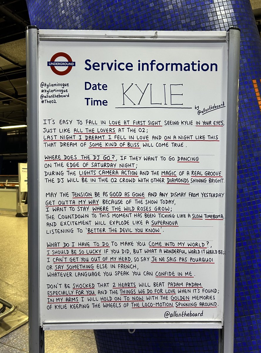 All On The Board (@allontheboard) on Twitter photo The one and only <a href="/kylieminogue/">Kylie Minogue</a> is back at <a href="/TheO2/">The O2</a> for 2 nights. The ‘Kylie’ poem written especially for you (and obviously for Kylie) by <a href="/allontheboard/">All On The Board</a> is at North Greenwich station.
#KylieMinogue #TheO2 The one and only <a href="/kylieminogue/">Kylie Minogue</a> is back at <a href="/TheO2/">The O2</a> for 2 nights. The ‘Kylie’ poem written especially for you (and obviously for Kylie) by <a href="/allontheboard/">All On The Board</a> is at North Greenwich station.
#KylieMinogue #TheO2