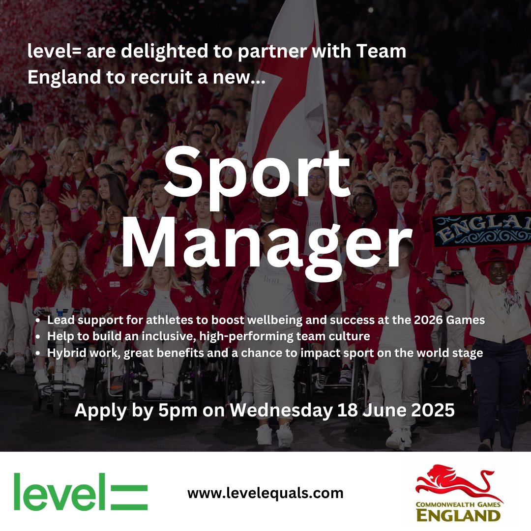 levelequals's tweet image. 🚨 Now Hiring: Sport Manager
Join Team England’s journey to the 2026 Commonwealth Games 💪
📍 Hybrid (London)
💷 £40–45K + 10% bonus
🗓 Deadline: 18 June
Apply now 👉 levelequals.com/job-details/sp…
#TeamEngland #SportJobs #CommonwealthGames #InclusiveHiring #JobsInSport #LevelEquals