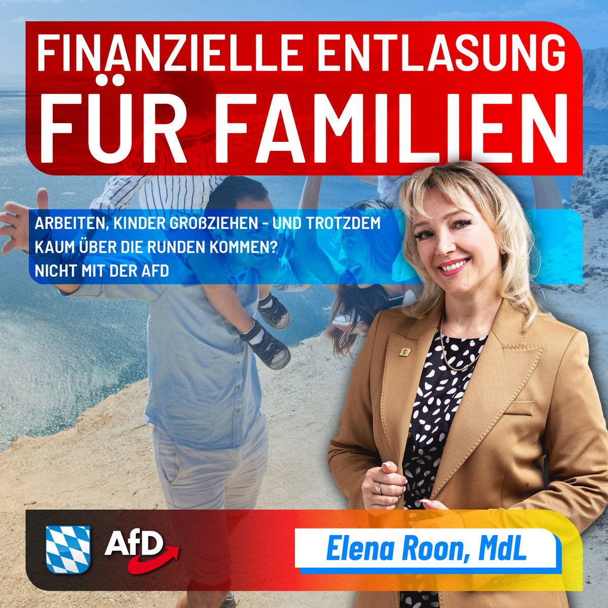 Familien stemmen das Leben – und werden vom Staat im Stich gelassen.
Steigende Preise, hohe Steuern, kaum Spielraum: Wer Kinder hat, braucht echte Entlastung!
Die AfD fordert: Mehr Netto für Familien – weniger Abgaben für die, die unser Land tragen.
💙 Weil Familie sich wieder