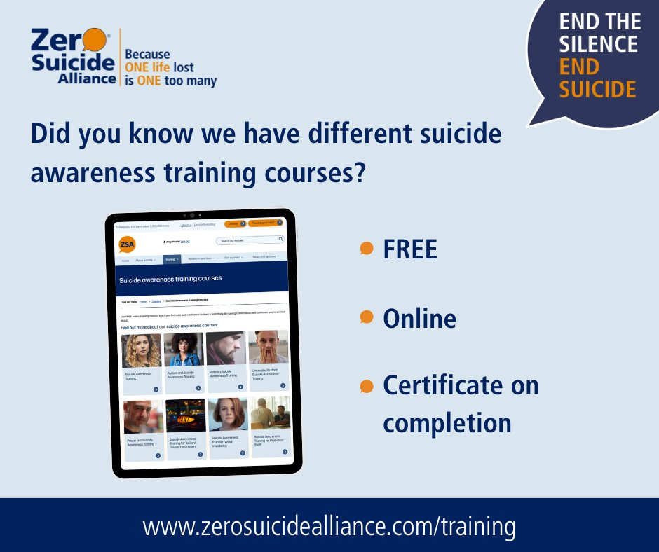 Zer0Suicide's tweet image. The more people who feel empowered and equipped to talk about suicide, the greater the opportunity for potentially life-saving conversations.

Our FREE online #SuicideAwareness training courses could help 👇

zerosuicidealliance.com/suicide-awaren…

#SuicidePrevention #FreeTraining #ZSATraining