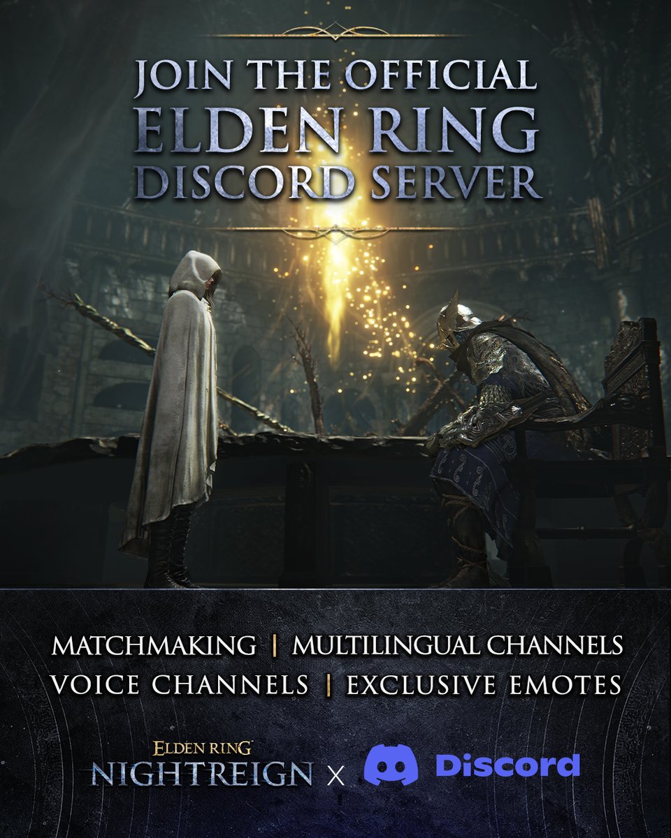 Do not face the Night alone. 
In the Roundtable Hold, kindred spirits await your arrival.

Join the official #ELDENRING Discord server: bnent.eu/EldenRing-Disc…