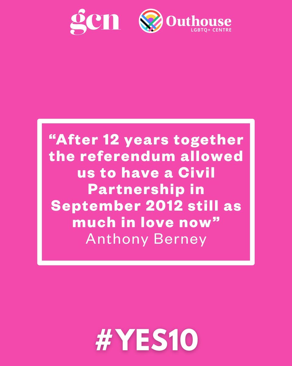 GCNmag's tweet photo. The change in the law allowed people to put an official title to their relationship, but it didn't change what they already knew: they were in love. Share your memories as part of our #YES10 campaign in collaboration with @outhouse_dublin with the link π https://t.co/yih0GStEbW https://t.co/eF82aYjeVb