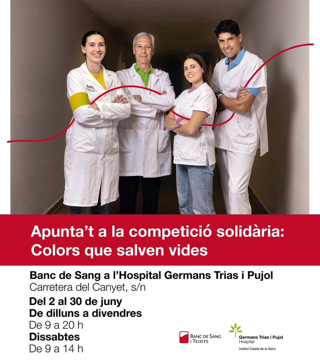 #ColorsQueSalvenVides a @hospitalgermanstrias!
Una competició solidària per duplicar les donacions aquest juny:
🔴🟢🔵🟡 Tria equip, dona sang i ajuda’ns a arribar a les 1000 donacions!
📍 Can Ruti, Badalona
🕘 Dl-Dv: 9–20 h | Ds: 9–14 h
🎗️ Rebràs una polsera amb el teu color!