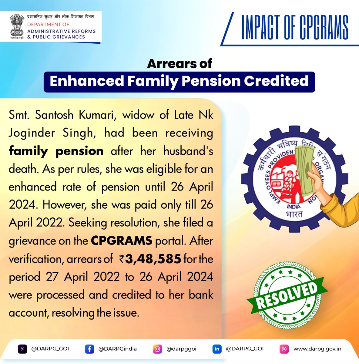 DARPG_GoI's tweet photo. Through effective grievance redressal, #CPGRAMS is resolving citizen concerns promptly, enhancing trust in governance, and creating a positive impact across India.

Arrears of Enhanced Family Pension Credited

#SuccessStory #CitizenFirst #PublicGrievances #Sushasan #SmartGovernance #GoodGovernance