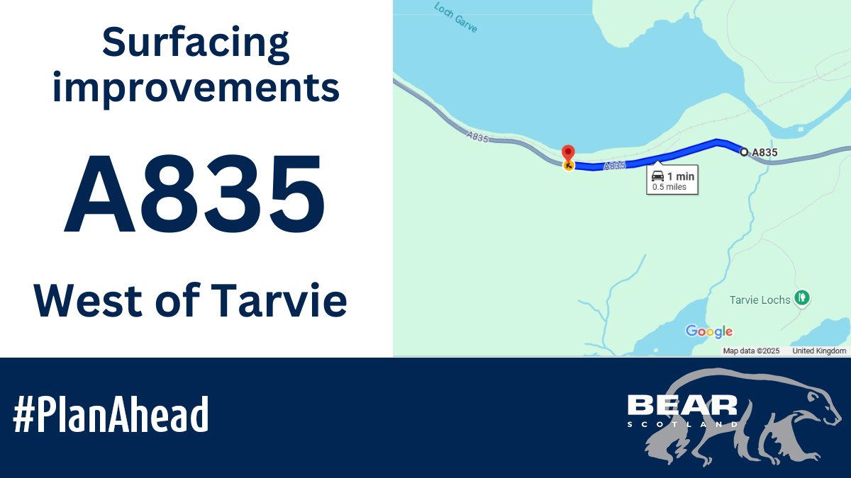 BEAR NW Trunk Roads (@nwtrunkroads) on Twitter photo UPDATE: Due to the heavy rain forecast, overnight resurfacing works on the #A835 west of Tarvie will not start tonight (Monday 2 June) as planned. Works will now commence on Tuesday 3 June at 7pm.
Full details: bit.ly/3FeM7vG
<a href="/trafficscotland/">Traffic Scotland</a> UPDATE: Due to the heavy rain forecast, overnight resurfacing works on the #A835 west of Tarvie will not start tonight (Monday 2 June) as planned. Works will now commence on Tuesday 3 June at 7pm.
Full details: bit.ly/3FeM7vG
<a href="/trafficscotland/">Traffic Scotland</a>