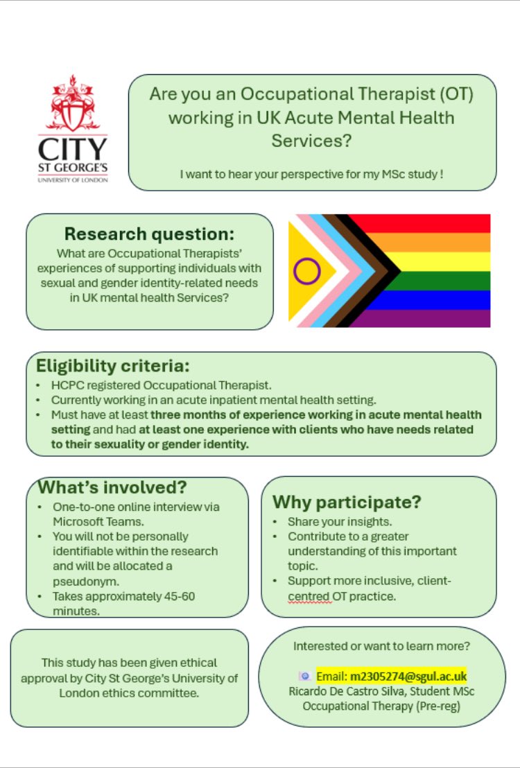 Occupational Therapy at City StGeorge’s University (@sgul_ot) on Twitter photo ‼️UPDATED PLEASE SHARE - Ethics amendment approved making even more mental health acute inpatient Occupational Therapists eligible to take part - please see poster & email Ricardo to express an interest in taking part m2305274@sgul.ac.uk Thank You! ‼️ ‼️UPDATED PLEASE SHARE - Ethics amendment approved making even more mental health acute inpatient Occupational Therapists eligible to take part - please see poster & email Ricardo to express an interest in taking part m2305274@sgul.ac.uk Thank You! ‼️