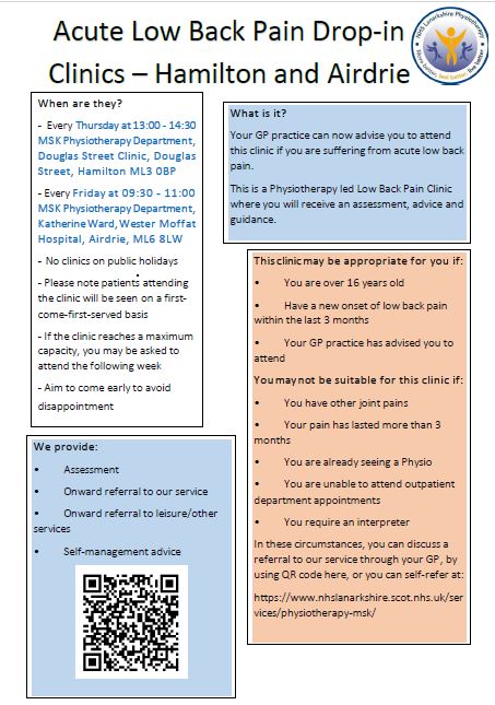 As part of the ongoing efforts to reduce wait times and provide better care for patients. The MSK service continues to offer the Acute Low Back Pain Drop-in Clinic for appropriate patients. 

See who would benefit for this clinic on our pamphlet!
#lowbackpain #MSKphysiotherapy