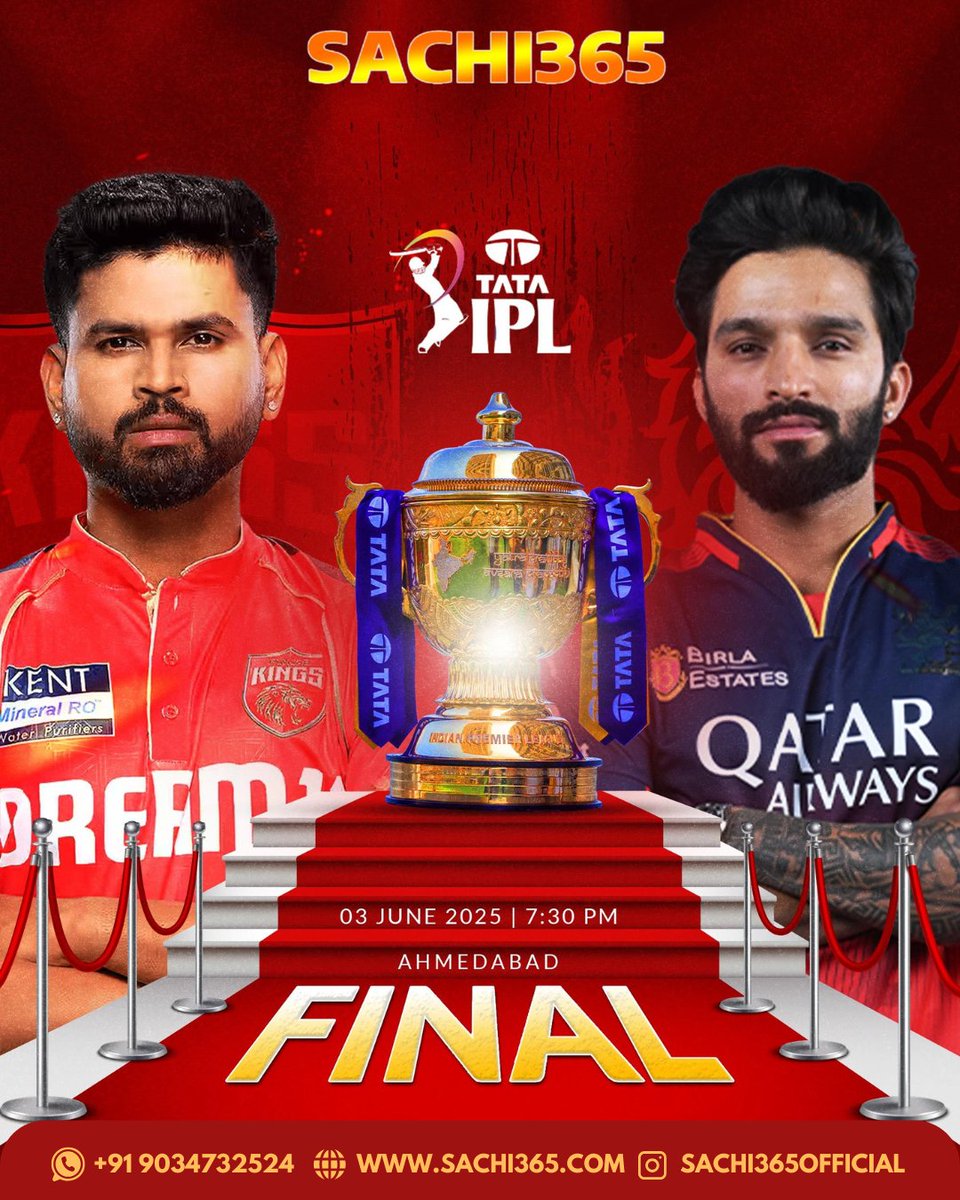info_Sachi365's tweet image. 🔥🏏 FINAL SHOWDOWN TONIGHT! 🏆
RCB 🟥 vs 🔴 PBKS – Who takes the trophy?
🗓 June 03 | 🕢 7:30 PM IST
📍 Watch it LIVE!
Drop your winner 👇
📲 Match ID/info: +91 9034732524 | 8239060526
🌐 sachi365.com
#RCBvsPBKS #IPLFinal #Sachi365 #CricketFever