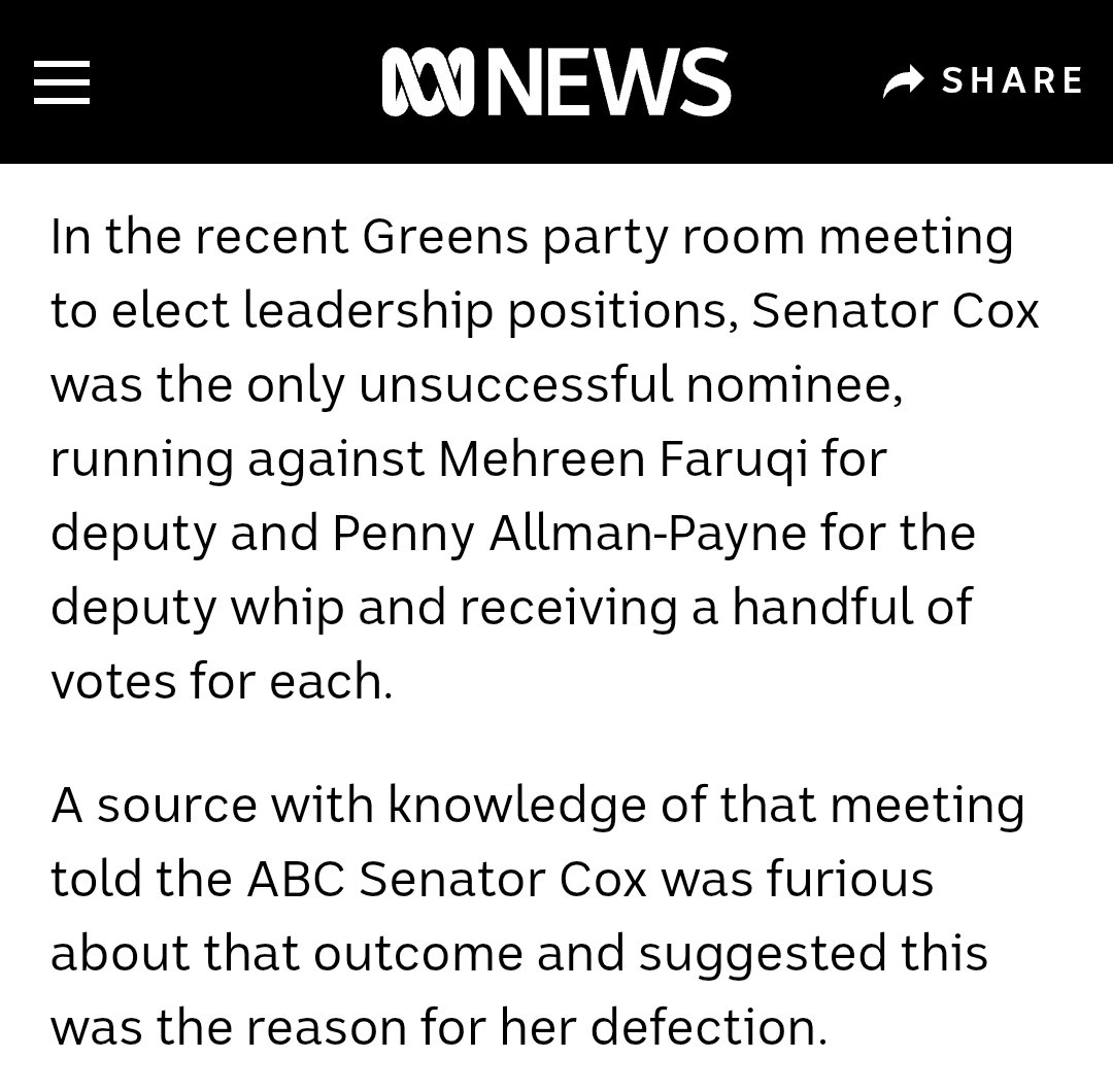 Sort of weird to run for Greens deputy leader/deputy whip when you don't think the crossbench is the place to make change 🤔

I'd be willing to entertain the idea that Cox has decided "change from within" is the way to go, but not within that 2-week turnaround