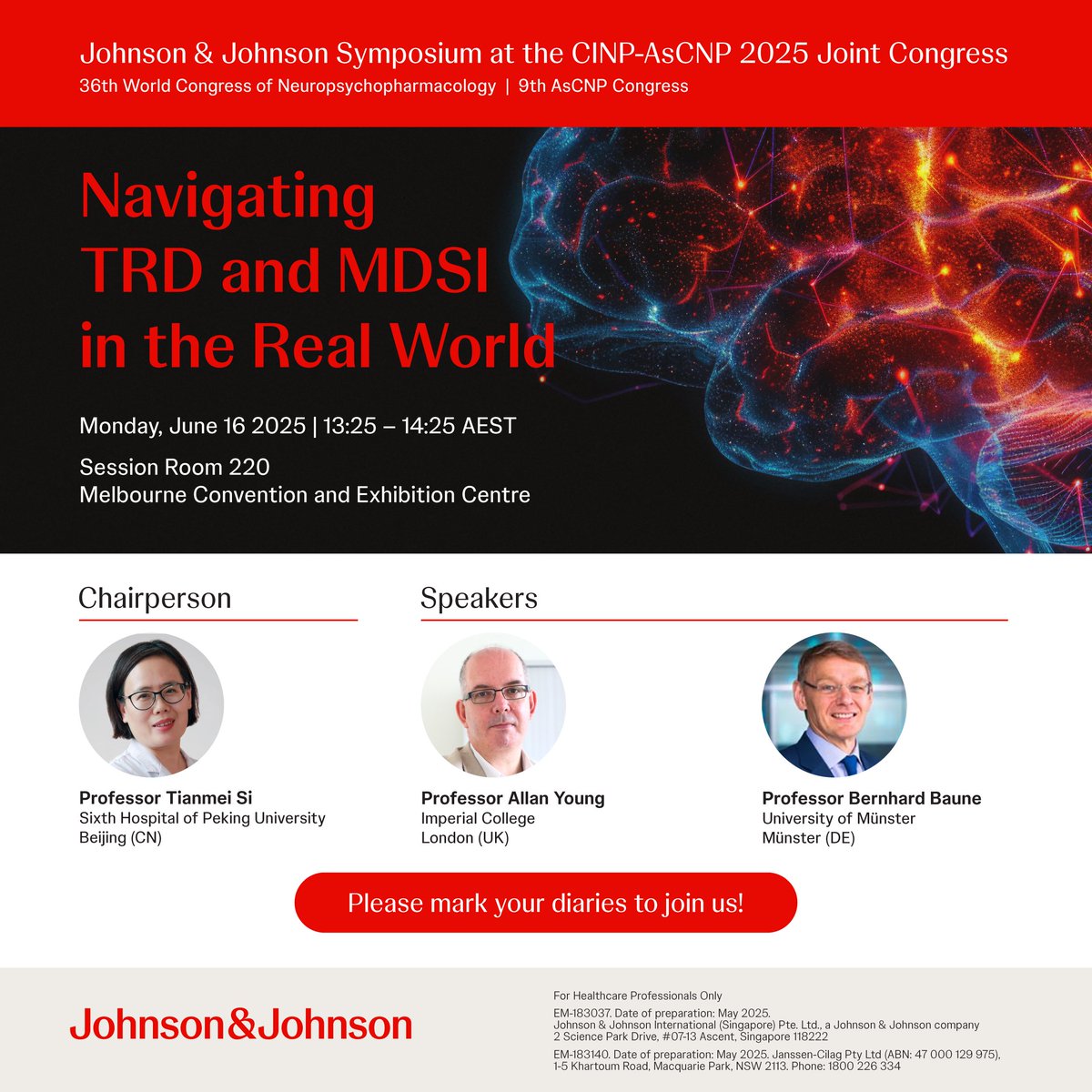 theCINP's tweet image. If you will be attending the CINP-AsCNP 2025 Joint Congress in Melbourne this June - cinp2025.org - please join us for the Johnson & Johnson Symposium on Monday, 16th June 2025!
Click here for more information: linkedin.com/company/jnjinn…
#JNJNeuroscience #cinp2025
