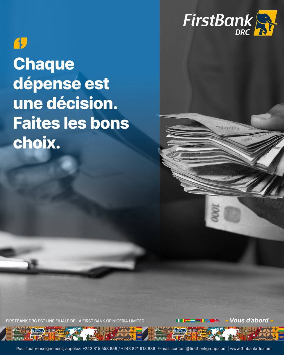Chaque achat, chaque choix compte ! 
Chaque petite décision que vous prenez aujourd’hui construit votre avenir financier.

📌 Prenez le contrôle dès maintenant et faites de chaque dépense une décision éclairée.

#FirstBankDRC #mondaymotivation #vousdabord #MaBanqueMaDécision