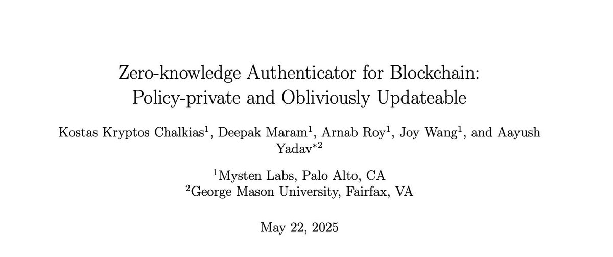 ZKV (@zkv_xyz) on Twitter photo Multi-sigs are outdated.
This paper from <a href="/Mysten_Labs/">MystenLabs.sui</a> introduces zkAt, enabling designated provers to authenticate blockchain transactions with hidden policies
Think 2-of-3 or admin override, without revealing who or what controls access.
Here's zkAt in a nutshell 👇 Multi-sigs are outdated.
This paper from <a href="/Mysten_Labs/">MystenLabs.sui</a> introduces zkAt, enabling designated provers to authenticate blockchain transactions with hidden policies
Think 2-of-3 or admin override, without revealing who or what controls access.
Here's zkAt in a nutshell 👇