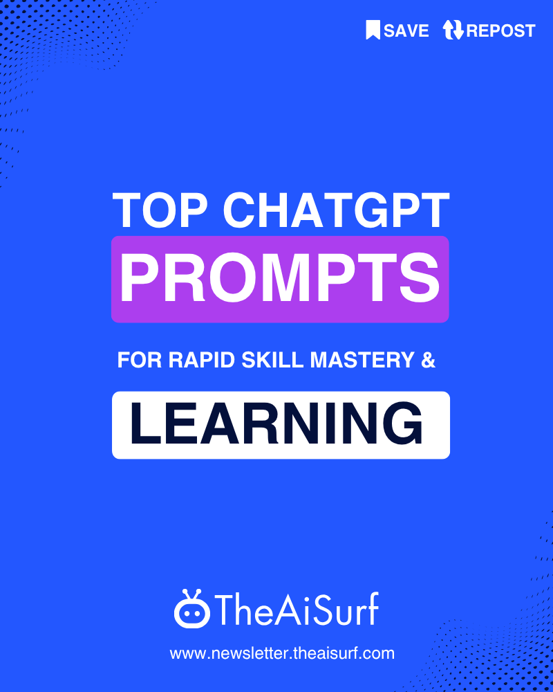 theAiSurf's tweet photo. 🚀 Want to learn anything faster and smarter with ChatGPT?
Here are 10 insanely useful prompts to supercharge your learning journey.👇
 https://t.co/sNamNZRTNC https://t.co/FXkRiIiYZk