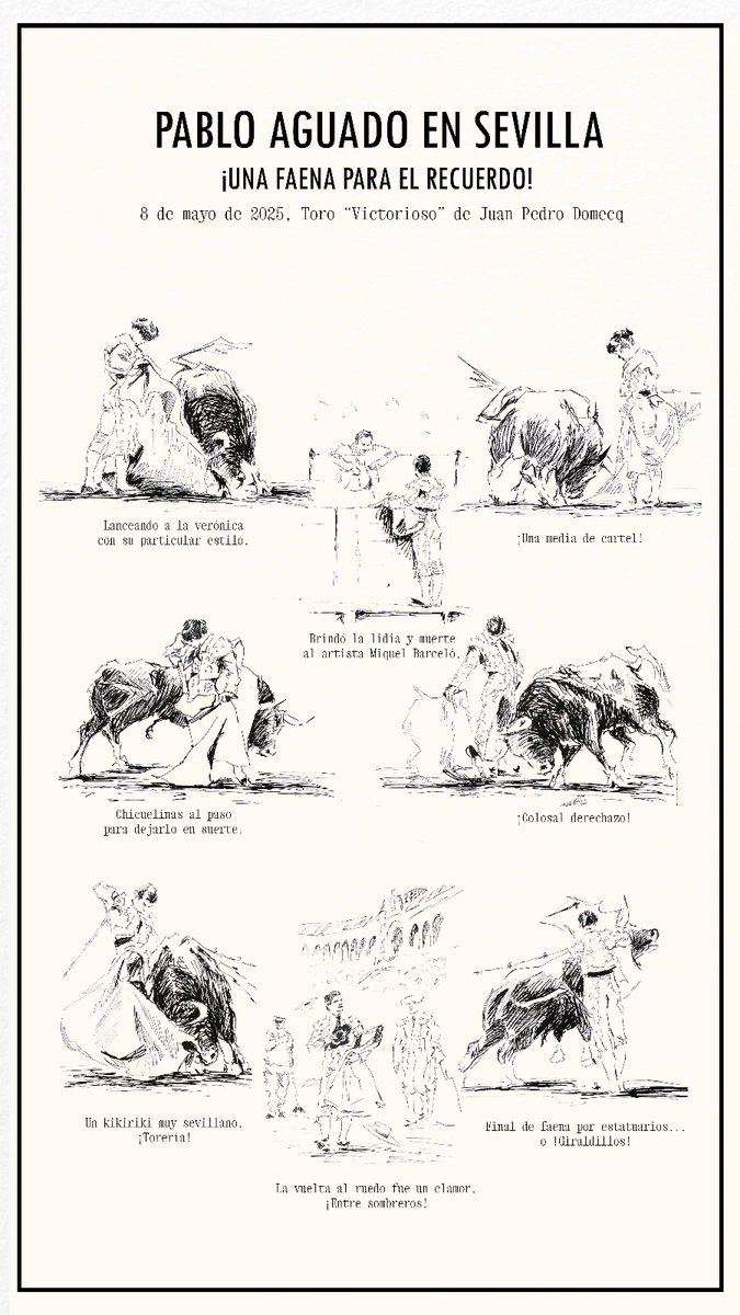 "El lápiz en los toros" era una sección de la revista El Ruedo (1944-1977) en la que se resumían a plumilla y con breves comentarios las escenas más significativas de un festejo o faena.

El artista Santiago Gil Tena ha realizado esta versión de la faena a "Victorioso", de Juan