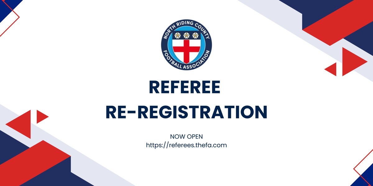 REGISTRATION | A reminder to all <a href="/NorthRidingFA/">North Riding FA</a> Referees that Re-Registration is now OPEN. Don't forget to register by the 30th June so that you are entered into our <a href="/TheRefStop/">The Ref Stop</a>  prize draw to be in with a chance of winning £1⃣0⃣0⃣0⃣ worth of vouchers! referees.thefa.com