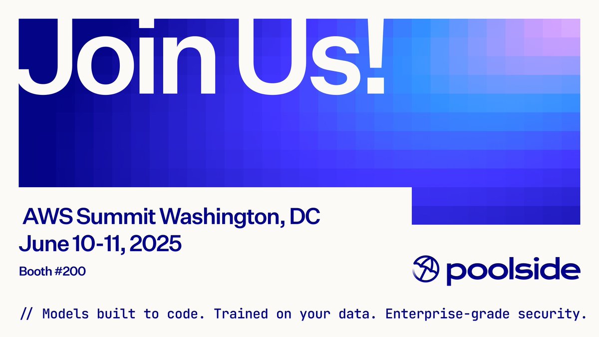 We'll be at the AWS Summit Washington DC! Come visit our booth to see how Poolside is disrupting AI in the SDLC for highly-regulated industries. You can also book a private meeting with us: forms.gle/PghgishHDJ5ibm…