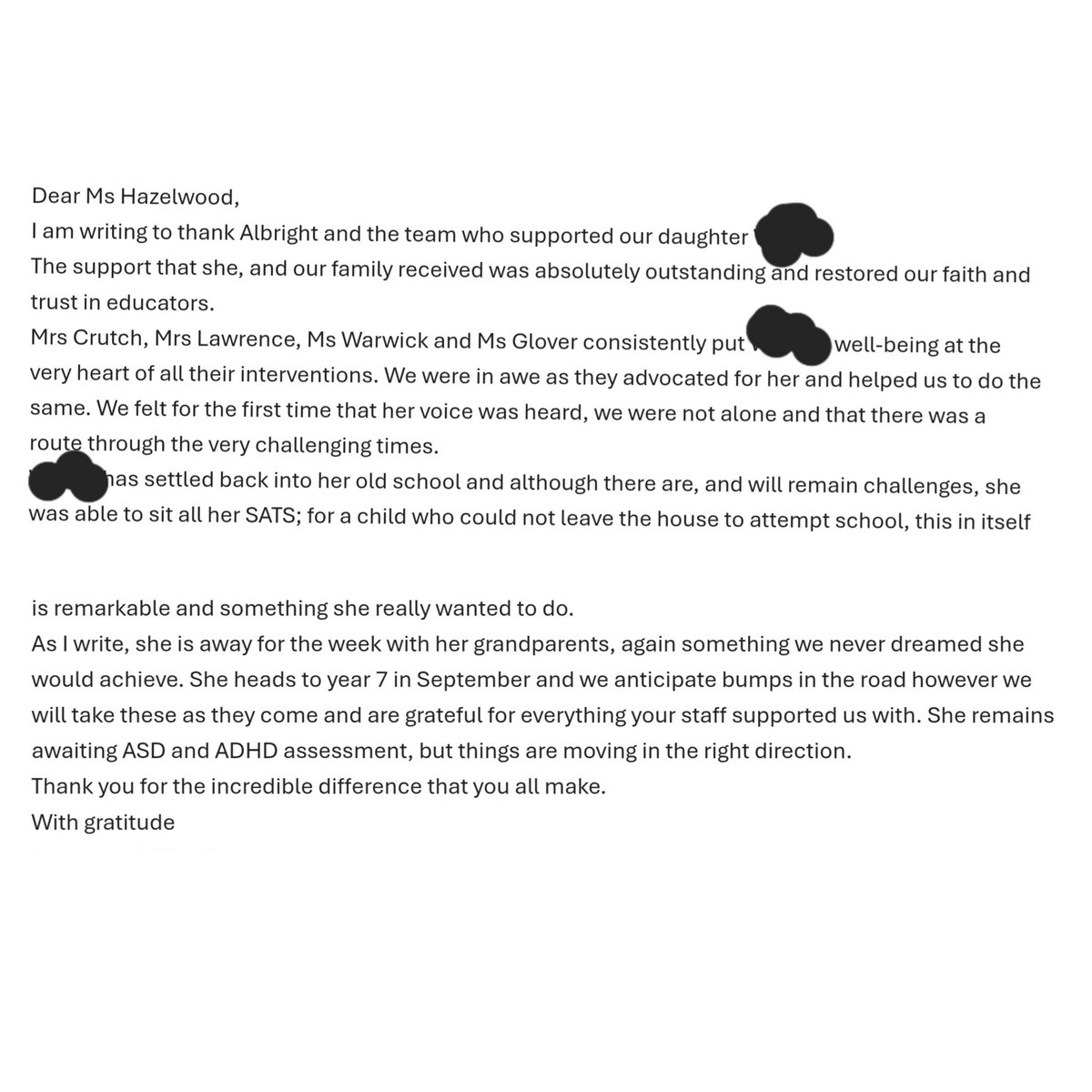 During the hard times (of which there are many in education!!) it is even more heartwarming when gracious parents take the time to thank your team and formally recognise the impact that the love and nurture we provide, has on the children and families we serve 💚 <a href="/AlbrightCentre/">Albright Education Centre</a>