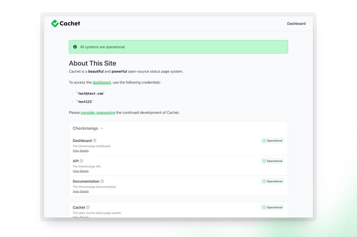 MadeWithLaravel's tweet image. .@CachetHQ is an open-source status page system made with Laravel ✅ - madewithlaravel.com/cachet-1