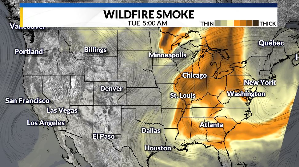 The wildfire smoke is still tracking east. A cold front moving through the Midwest tonight will push smoke out bringing in cooler temperatures and a chance for storms. For New England, high pressure sets in bringing warmer temps and circulating in the smoke from Canada.