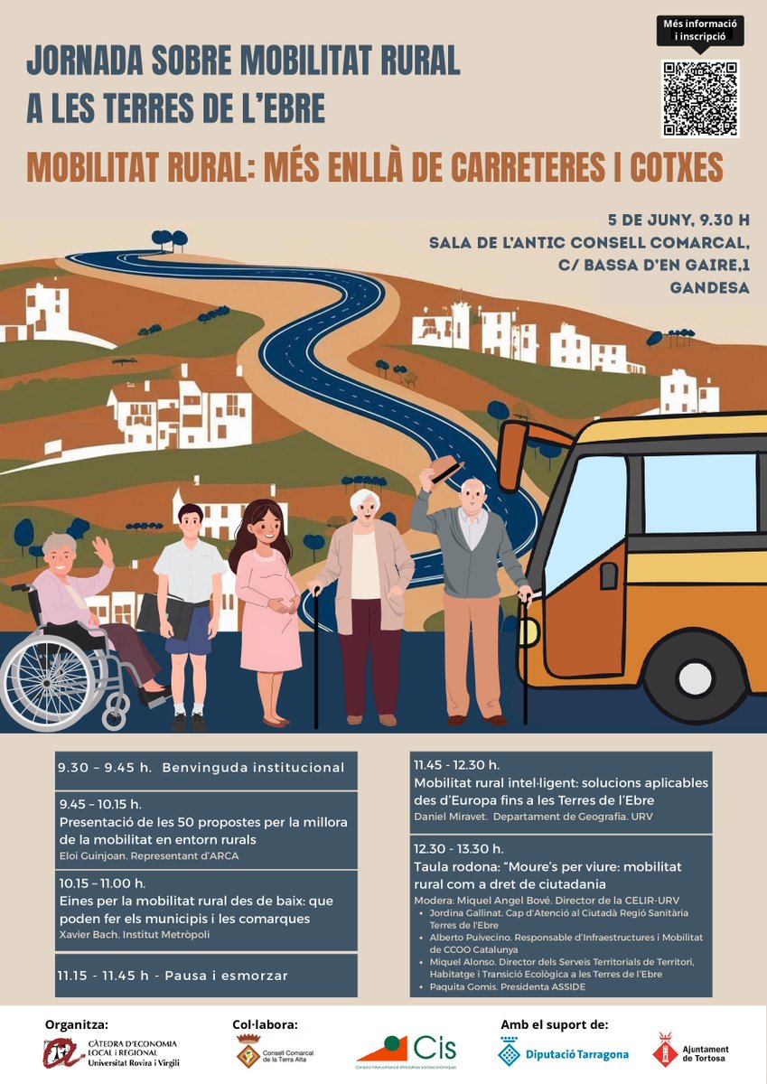 Benvolguts/des,

La Càtedra d’Economia Local i Regional de la URV organitza,  la Jornada sobre Mobilitat Rural a les Terres de l’Ebre, amb el títol Mobilitat rural: més enllà de carreteres i cotxes, Inscripcions: events.urv.cat/136132/detail/…