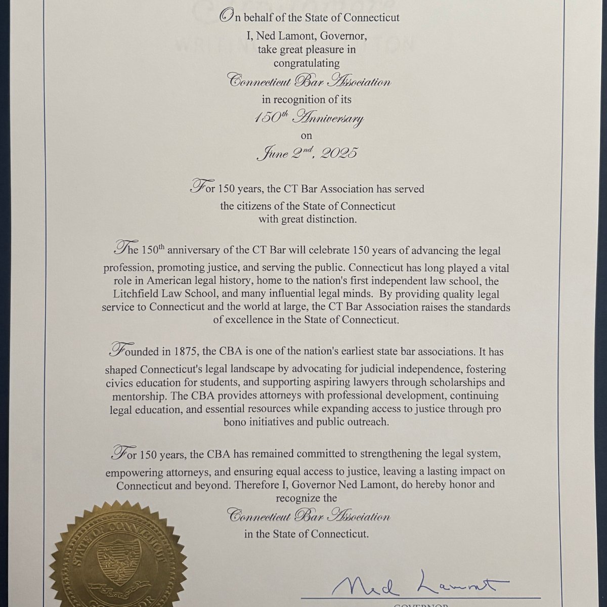 Read the official statement from Connecticut Governor Ned Lamont recognizing our 150th Anniversary and save on the Connecticut Legal Conference by taking advantage of the last day of regular registration pricing at ctlegalconference.com.