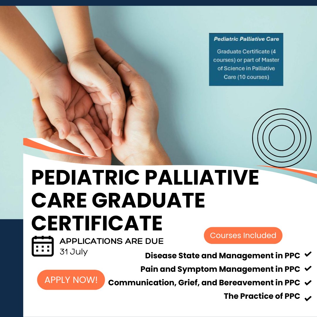 Fill a gap in healthcare-pediatric palliative care is limited! Holistic PC for peds patients vastly improves QOL!

Earn a grad cert in pediatric pc or take the peds courses as electives, part of an MS

Apps due 7/31
graduate.umaryland.edu/palliative/
#PalliativeCare #PediatricPalliativeCare