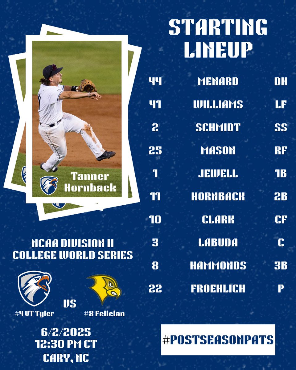 The time is now.

The #POSTSEASONPATS will take on the Felician Golden Falcons in an elimination game

First Pitch scheduled for 12:30 PM CT

📺 &amp; 📊: tinyurl.com/556euxt9