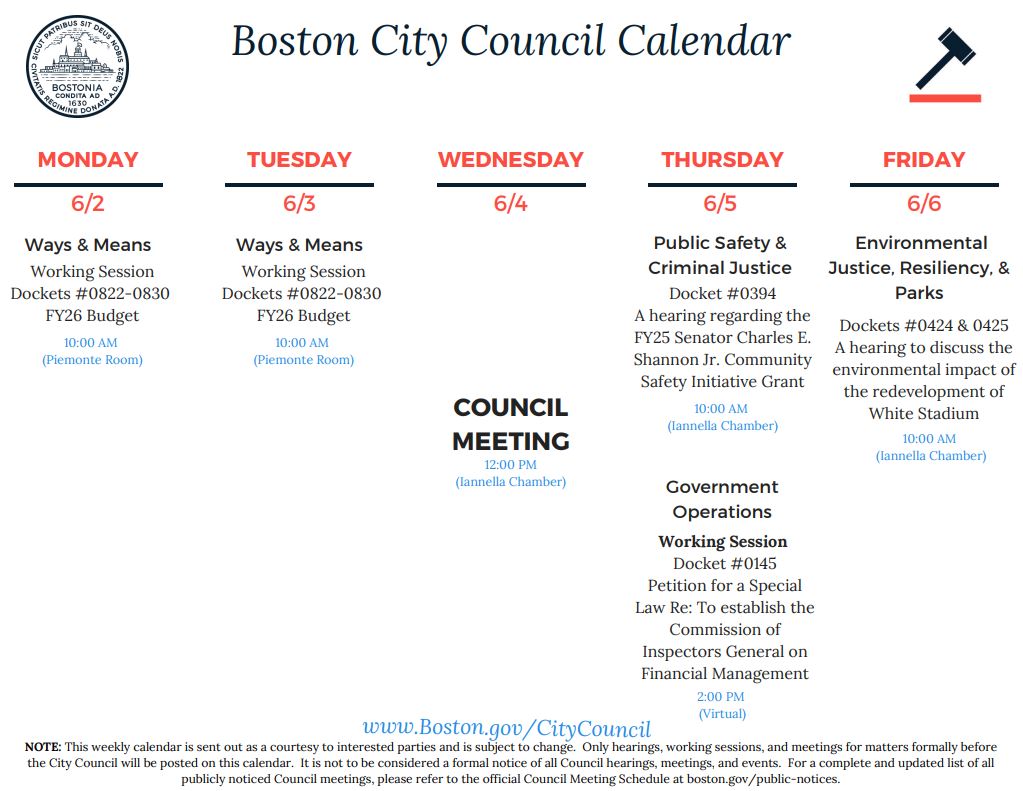 This week’s calendar has been updated! The Gov Ops hearing is now a working session.

This week:
-Two budget working sessions
-A virtual working session on Government Operations
-A hearing on Public Safety &amp; Criminal Justice
-A hearing on Environmental Justice, Resiliency &amp; Parks