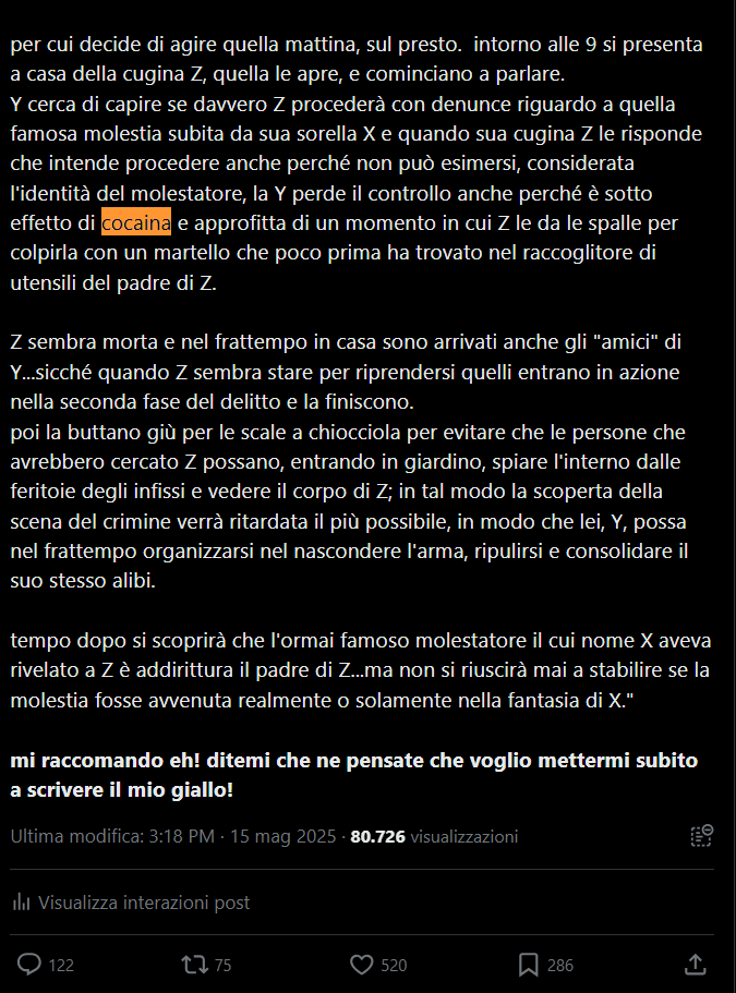 DavePollak4's tweet photo. #Garlasco #Garlasko e le ricerche di #ChiaraPoggi

io di questa cosa avevo parlato due mesi fa, e poi più di recente ci avevo costruito una trama per il mio giallo...

ma lei, Devika, è più carina di me e quindi le lascio la parola ☺️

#cocaina #ricerche #anoressia #bulimia #scattidira

#sconcertatevi 🎓