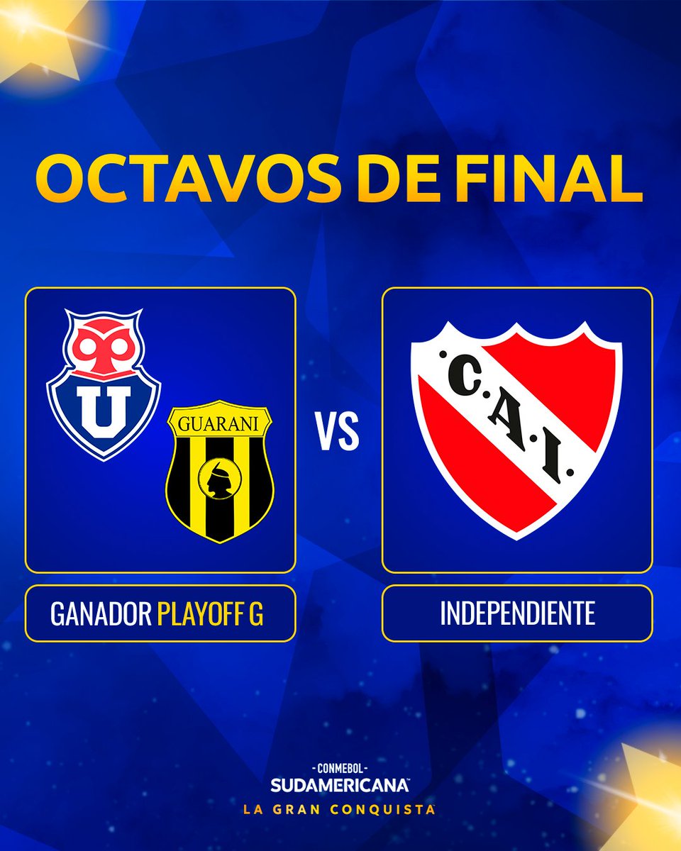 CONMEBOL Sudamericana (@sudamericana) on Twitter photo 🔴🏆 ¡<a href="/Independiente/">C. A. Independiente</a> espera rival para los Octavos de Final!
🔥🔝 <a href="/udechile/">Universidad de Chile</a> y <a href="/ClubGuarani/">Club Guarani</a> buscarán meterse entre los 16 mejores de la CONMEBOL #Sudamericana.
#LaGranConquista 🔴🏆 ¡<a href="/Independiente/">C. A. Independiente</a> espera rival para los Octavos de Final!
🔥🔝 <a href="/udechile/">Universidad de Chile</a> y <a href="/ClubGuarani/">Club Guarani</a> buscarán meterse entre los 16 mejores de la CONMEBOL #Sudamericana.
#LaGranConquista