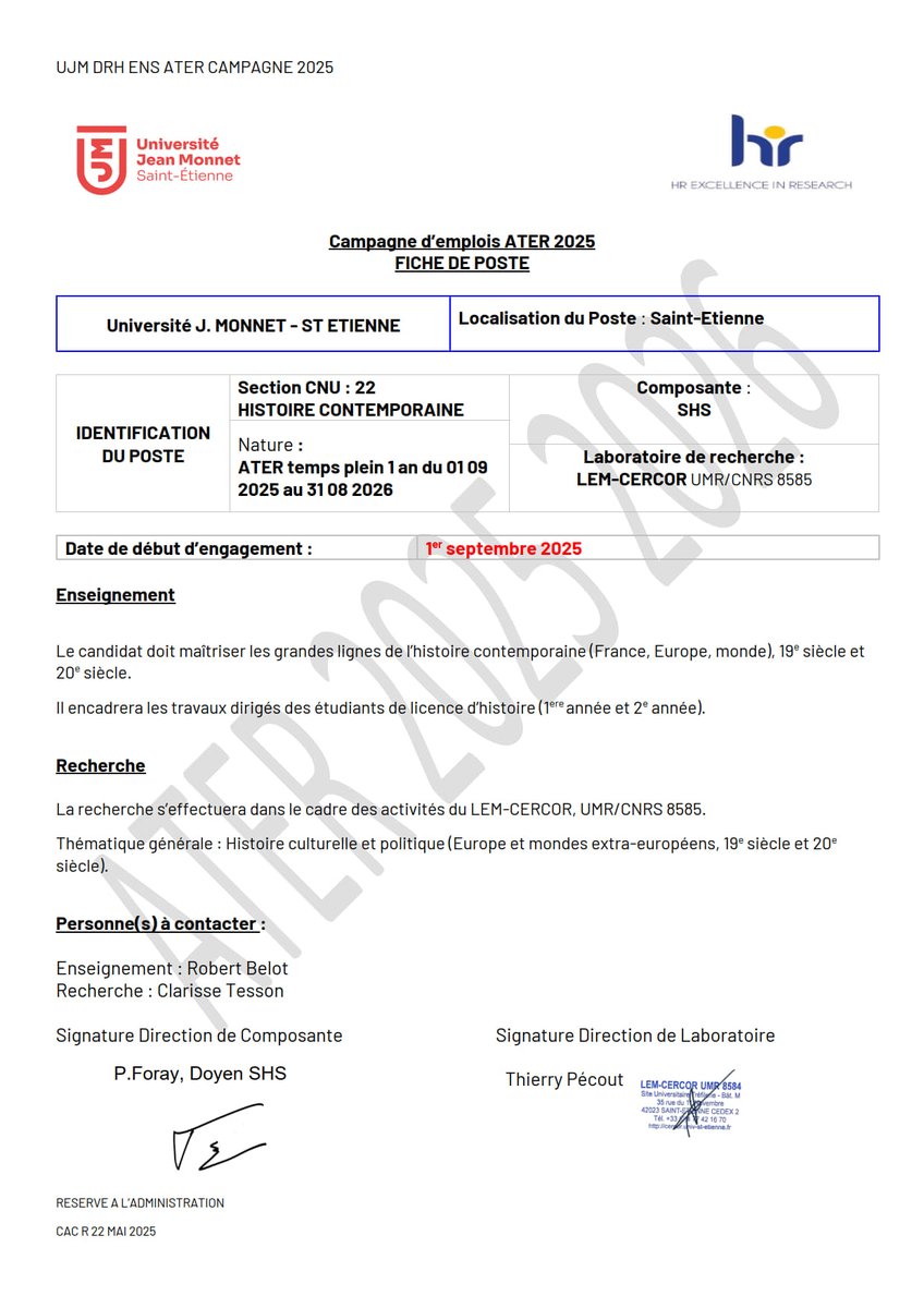 L'Université Jean Monnet Saint-Étienne recrute un ou une ATER en histoire contemporaine pour septembre prochain. N'hésitez pas à faire tourner ! <a href="/Asso_H2C/">H2C</a>