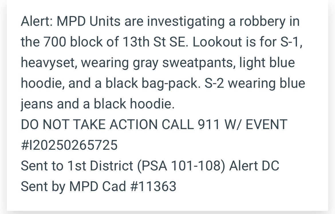 HillRag DC (@hillragdc) on Twitter photo From <a href="/DCPoliceDept/">DC Police Department</a> - police are investigating a robber around noon on 700 block 13 St SE. look out for two subjects in hoodies. From <a href="/DCPoliceDept/">DC Police Department</a> - police are investigating a robber around noon on 700 block 13 St SE. look out for two subjects in hoodies.