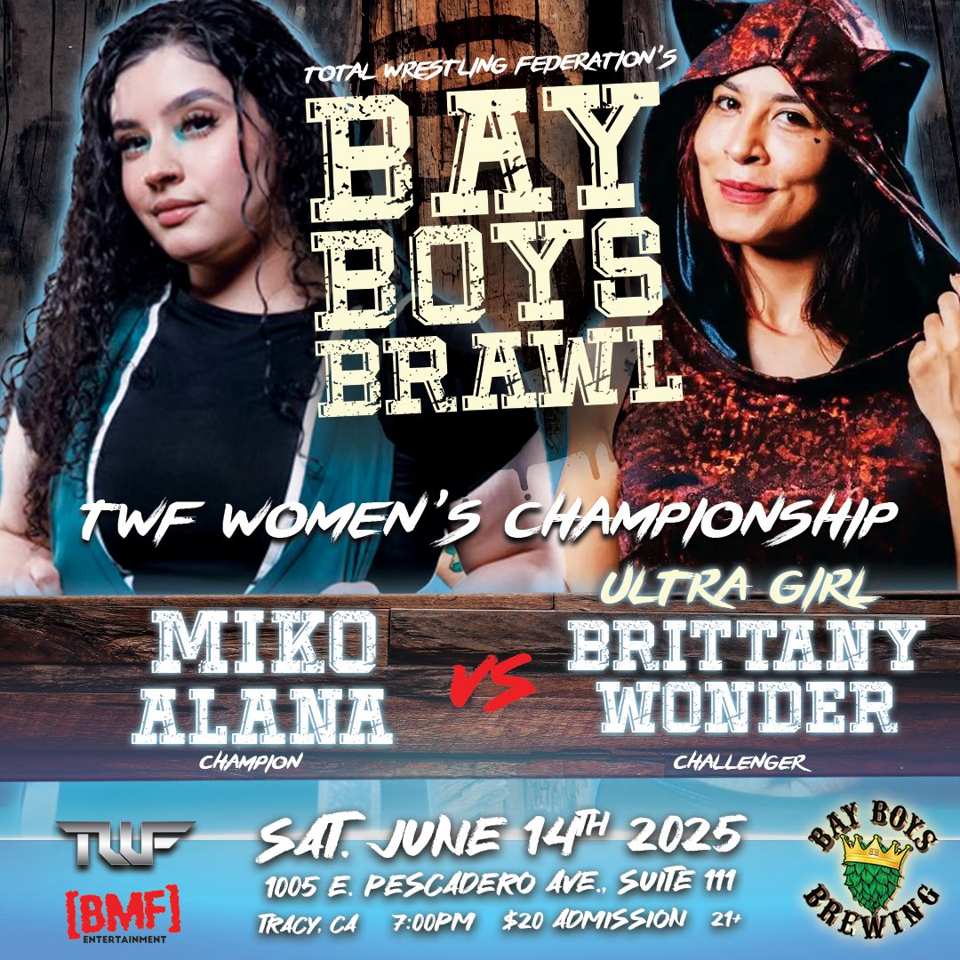 twfwrestling's tweet image. Tix:link/door: eventbrite.com/e/twf-bay-boys…

Women’sTitle
@mikoxalana/@BrittanyWonder

@legendbaby81 /Giga

TagTitle
ParasSingh&amp;amp; @MichaelHayashi v @insidebjjMatt &amp;amp;SamoanReaper v Hastings&amp;amp; @TWFChristian

@CjDirt &amp;amp;Swole-Leon v @D_Torch &amp;amp;NecrosisBlack

@Mighty1Mayra/@MidasAllhail

More!