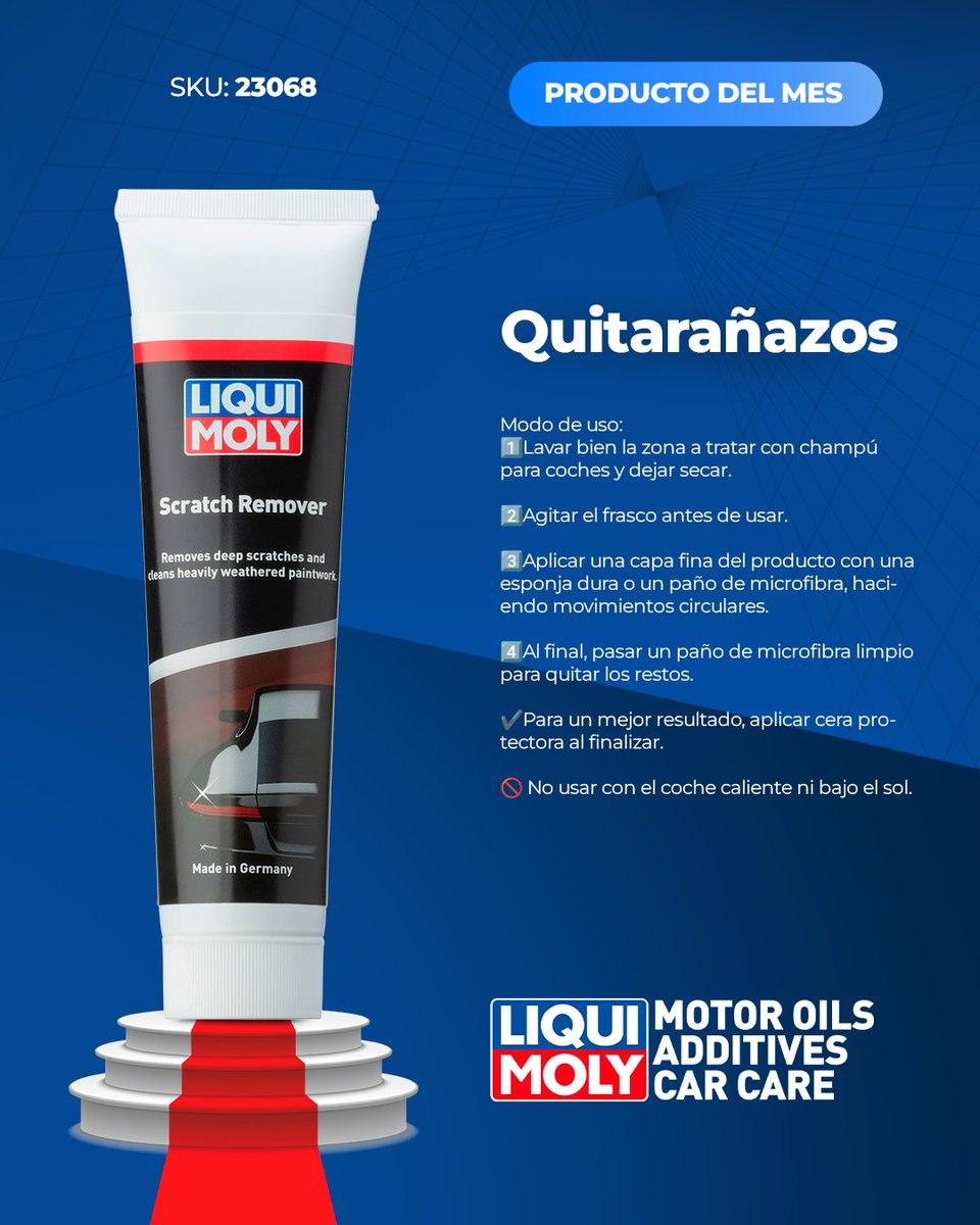 🔧✨ ¡Producto del Mes LIQUI MOLY! ✨🔧
🔵 Quita­ra­ñazos  🔴

🧽🚗 Elimina arañazos profundos, niebla de pulverización y marcas en la pintura. También ideal para limpiar pinturas muy dañadas.