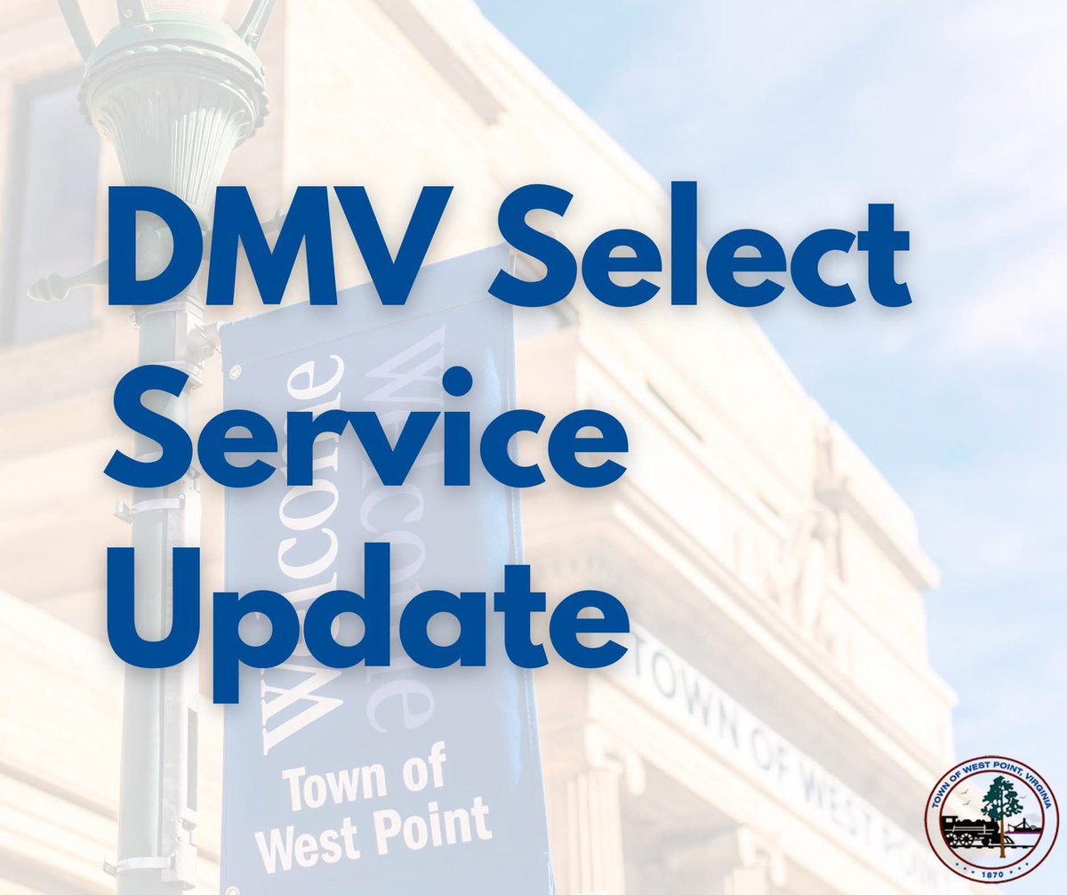 Due to a temporary staff shortage, West Point DMV Select may have longer wait times starting June 2nd for approximately six weeks. Appointments are recommended: picktime.com/WestPointTowna…. See more updates in this month's Around the Point newsletter: west-point.va.us/june2025.