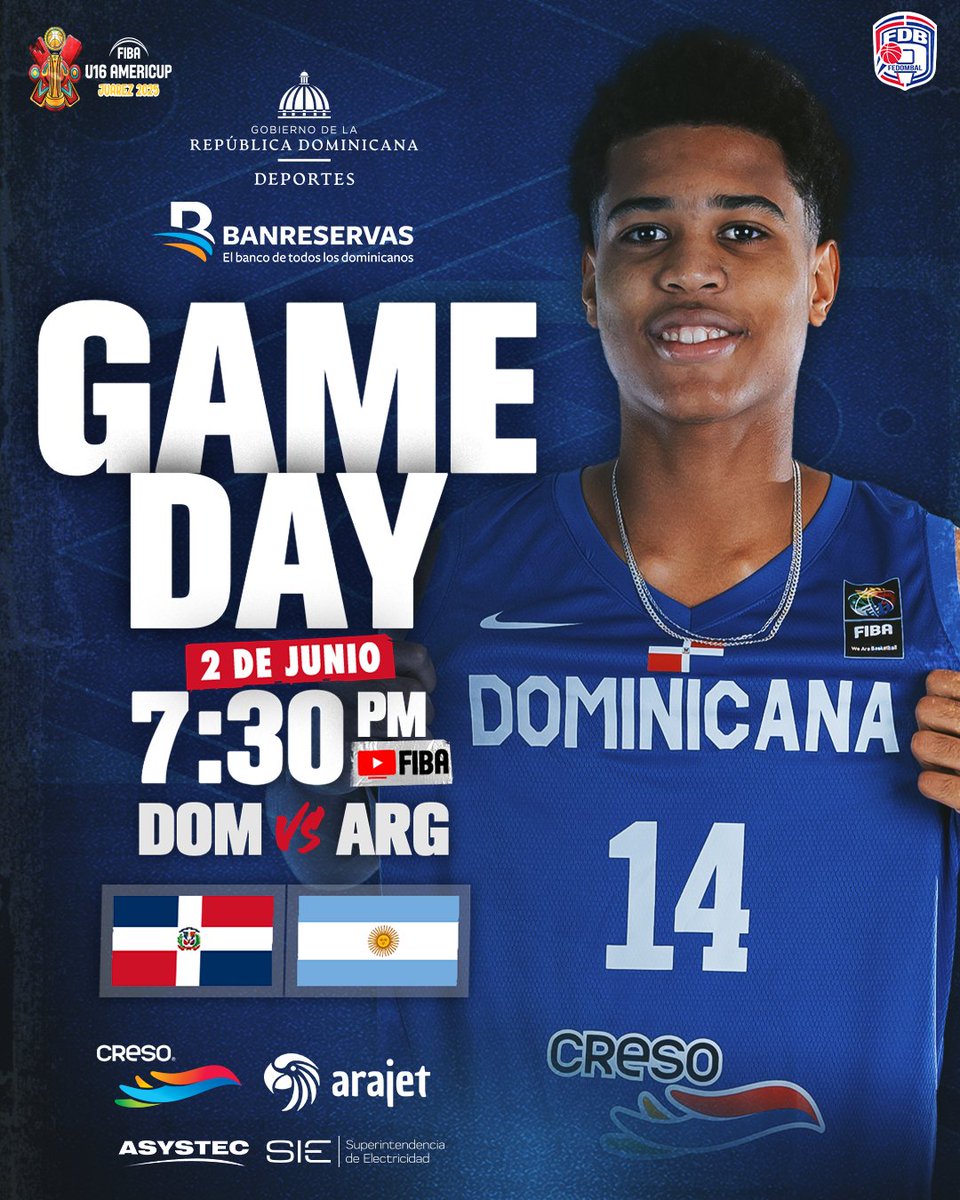 ¡🔥🏀 ¡COMIENZA LA FIBA @AMERICUP U16! 🇩🇴

Hoy, nuestra Selección Nacional U16 escribe su primera página en este premundial frente a Argentina. ¡El camino al Mundial 2026 comienza ahora!

⏰ Hora: 7:30 PM
📺 Transmisión: YouTube/FIBA

📌 Los 4 mejores equipos avanzan al Mundial.