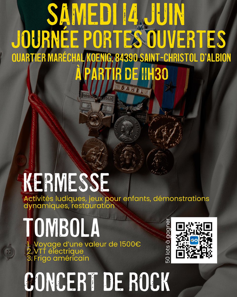 CDC_2eREG's tweet image. Participez en ligne à la Tombola organisée par le 2e Régiment étranger de génie : pages.gotombola.co/g/GXCL288

50 lots à gagner dont un bon voyage de 1500€, un VTT électrique, un réfrigérateur américain et un téléviseur de 165cm !

Tirage au sort le samedi 14 juin 2025 à 17h30.