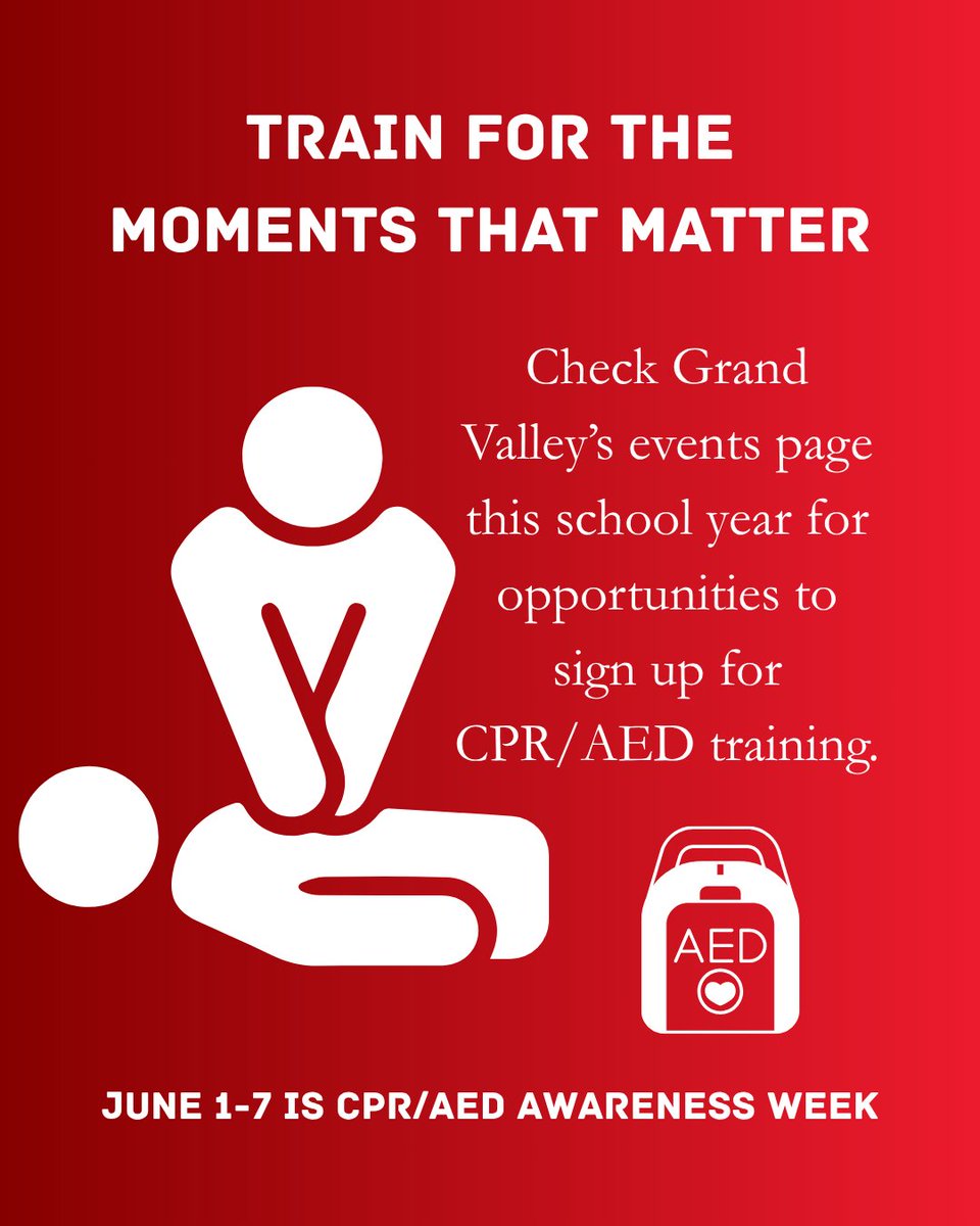 It’s National CPR/AED Week. Did you know that CPR/AED trainings are held on campus during the fall and winter semesters? Keep an eye out for dates on GVSU’s event page. Knowing what to do could save a life!