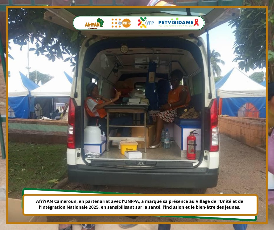 AfriYAN_Camer's tweet photo. 1/2 Retour sur la participation d'AfriYAN🇨🇲 au Village de l'Unité et de l'Intégration Nationale 2025 !
AfriYAN🇨🇲, sous la houlette de l'@UNFPACameroon, a agi pour la santé des jeunes à Yaoundé. Nos actions : la distribution d'équipements essentiels pour les services de SSR . https://t.co/ylfH3qBlDs