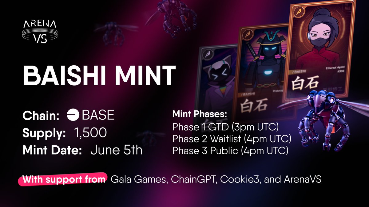 The BAISHI Founders Batch mint is almost here. 🚀

June 5th — mark your calendars. 📅

Only 1,500 AI companions will ever exist.

Free mint. Instant reveal. Built to evolve.

⚠️ Snapshot for questing drops is tomorrow — make sure you’ve completed all tasks.

Drop a 🤖 if you're