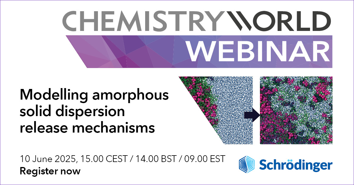 RoySocChem's tweet image. Join experts from Schrödinger & AbbVie to learn modelling methods to improve your understanding of amorphous solid dispersion.
Our Chemistry World webinar on modelling amorphous solid dispersion release mechanisms happens on 10 June.
Register now: rsc.li/3Fv2jc6