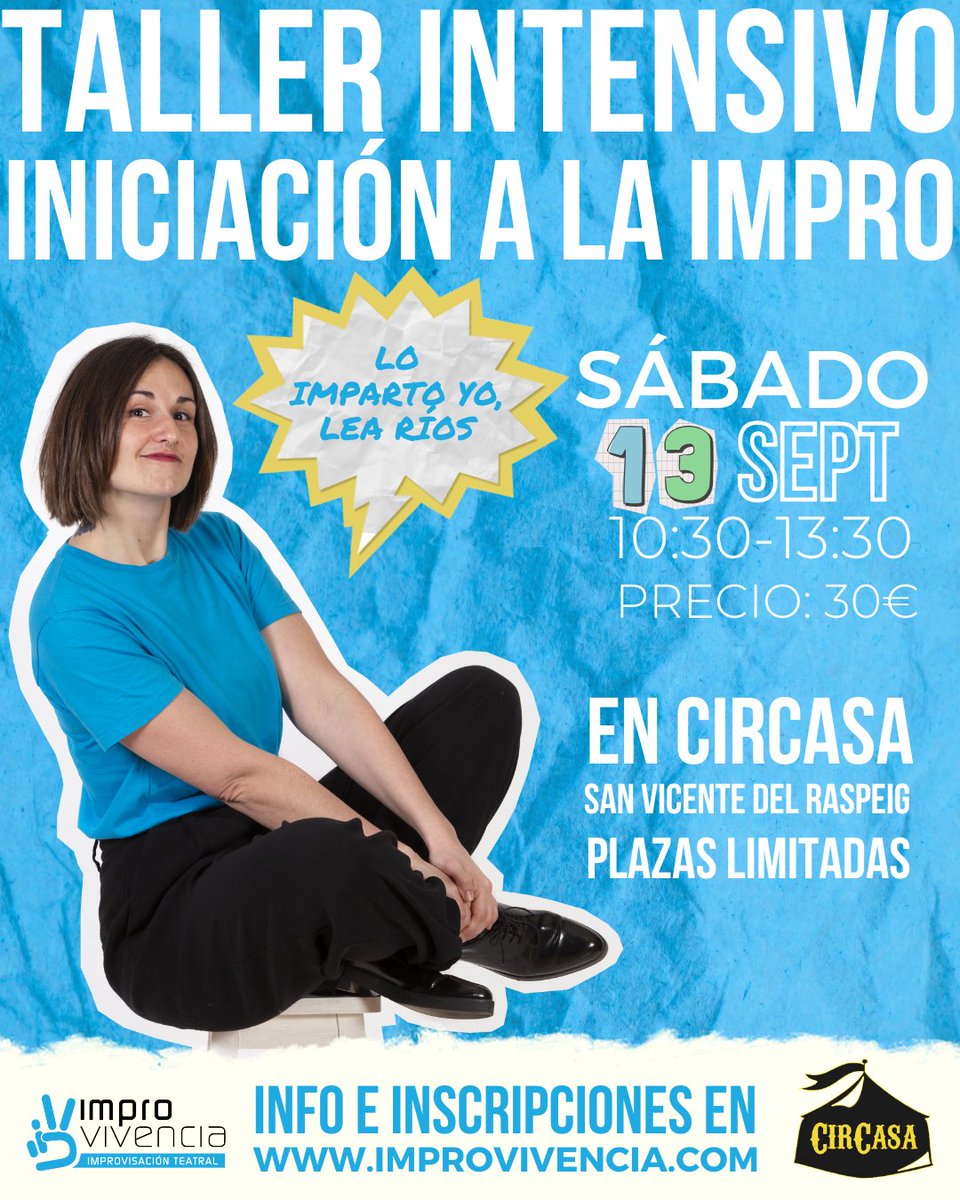 ¿Te apetece probar algo nuevo, divertido y que despierte tu creatividad?
Taller de Iniciación a la Impro con Lea Ríos
📌CirCasa
🗓️ Fechas: 19 de julio y 13 de septiembre
 Duración: 3 horas
Nivel: Principiante (no necesitas experiencia)
improvivencia.com/entradas/talle…