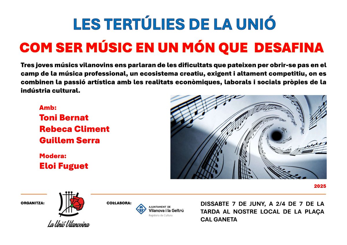 El grup de tertúlies us convida el proper dissabte 7 de juny a 2/4 de 7 de la tarda al nostre local a escoltar tres joves músics vilanovins, que ens parlaran de les dificultats per obrir-se pas en el camp de la música professional.

Ens veiem!!
