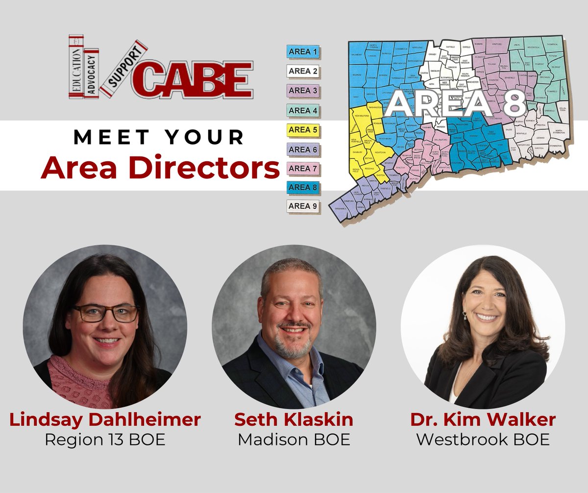 Meet your CABE Area 8 Directors! Lindsay Dahlheimer, Region 13 BOE, Seth Klanskin, Madison BOE, and Dr. Kim Walker, Westbrook BOE. 

For more information, visit: ow.ly/bPUY50W2A44