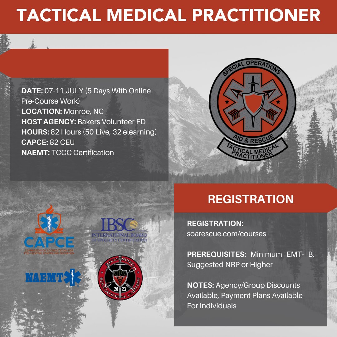 Tactical Medical Practitioner is coming to the Charlotte region again! SOARescue's knowledgable and experienced cadre is returning to Baker's Fire Department in July for TMP. 

We have a few open seats left in this class!